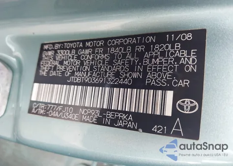 2009 Toyota Yaris S z USA, uszkodzony, nr VIN JTDBT903691322440